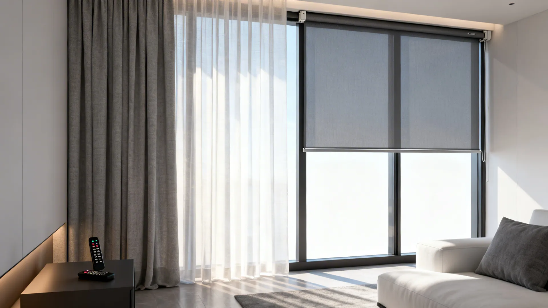Tall windows with motorized roller shades and layered sheers in a modern interior.