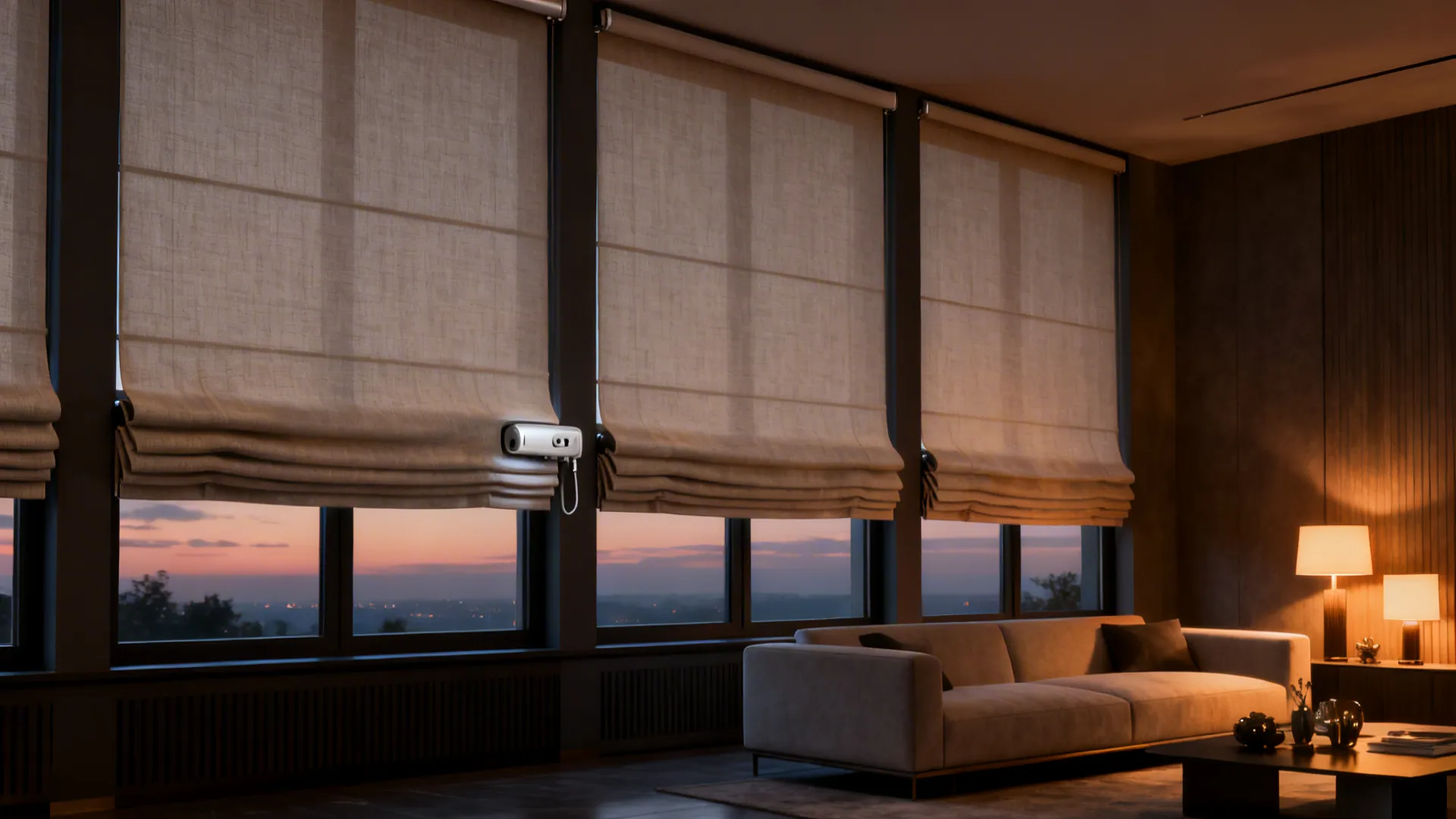 Upscale living room with motorized Roman blinds creating a tailored, streamlined profile