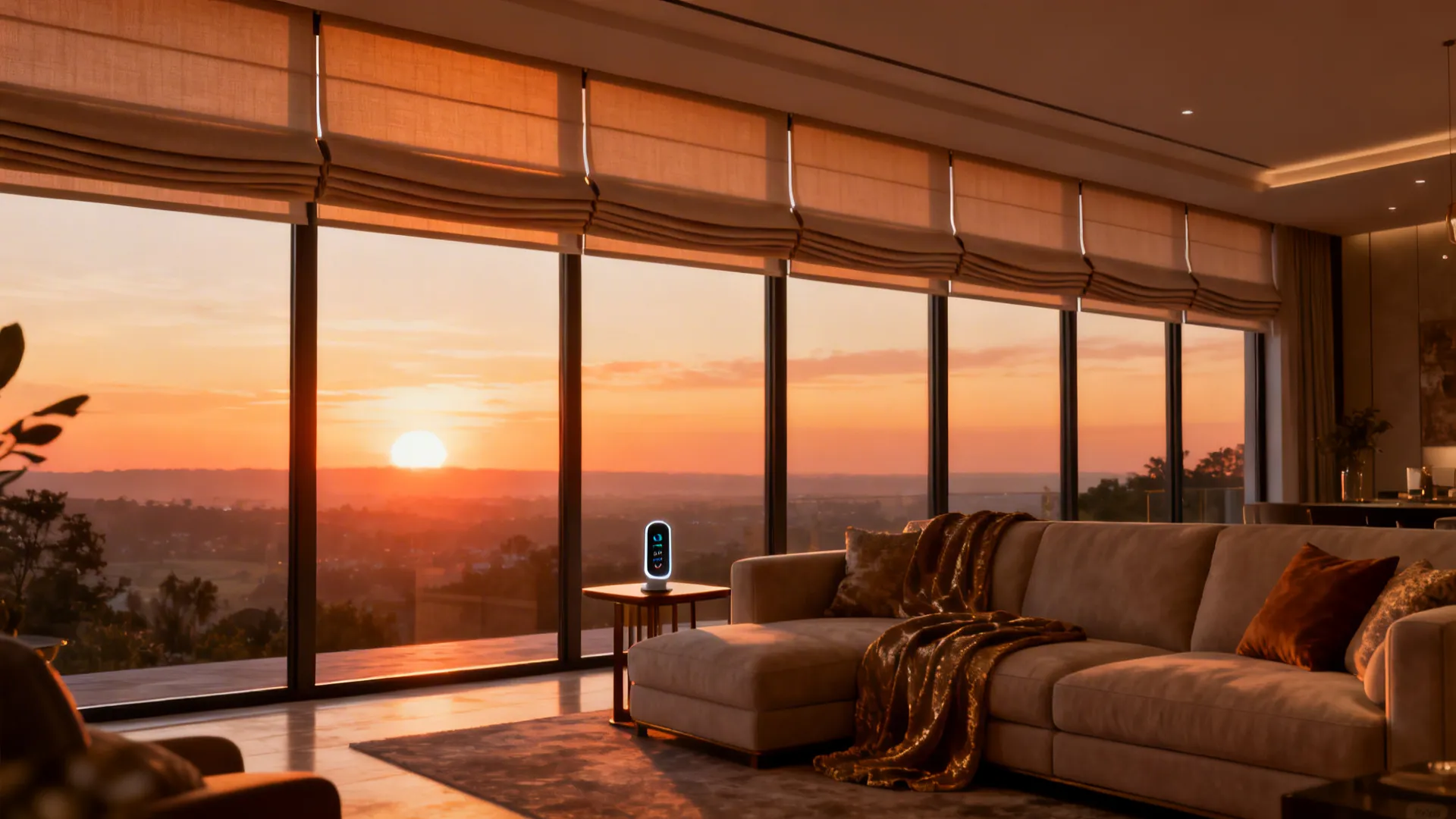 Large living room glazing with motorized Roman blinds lowering at sunset