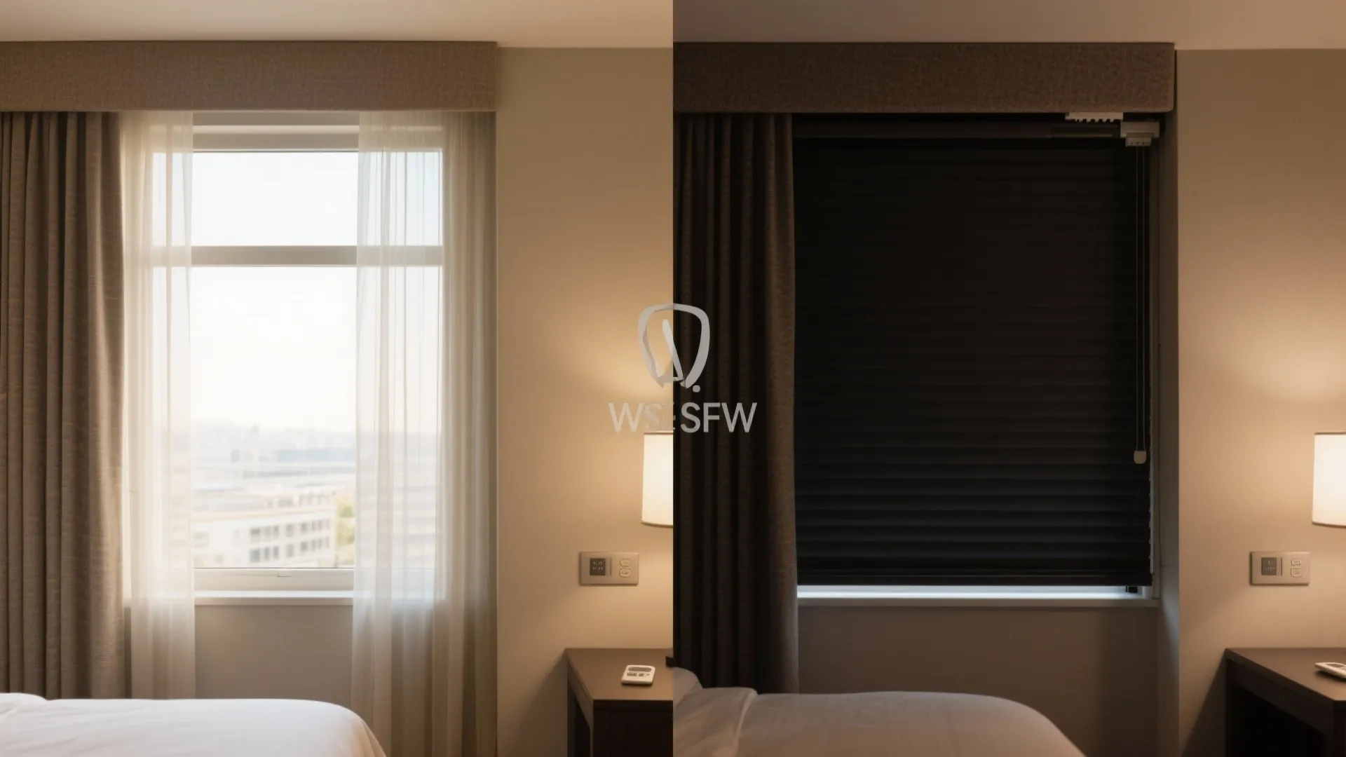 Before and after comparison showing hotel room windows with open light curtains versus closed black blinds