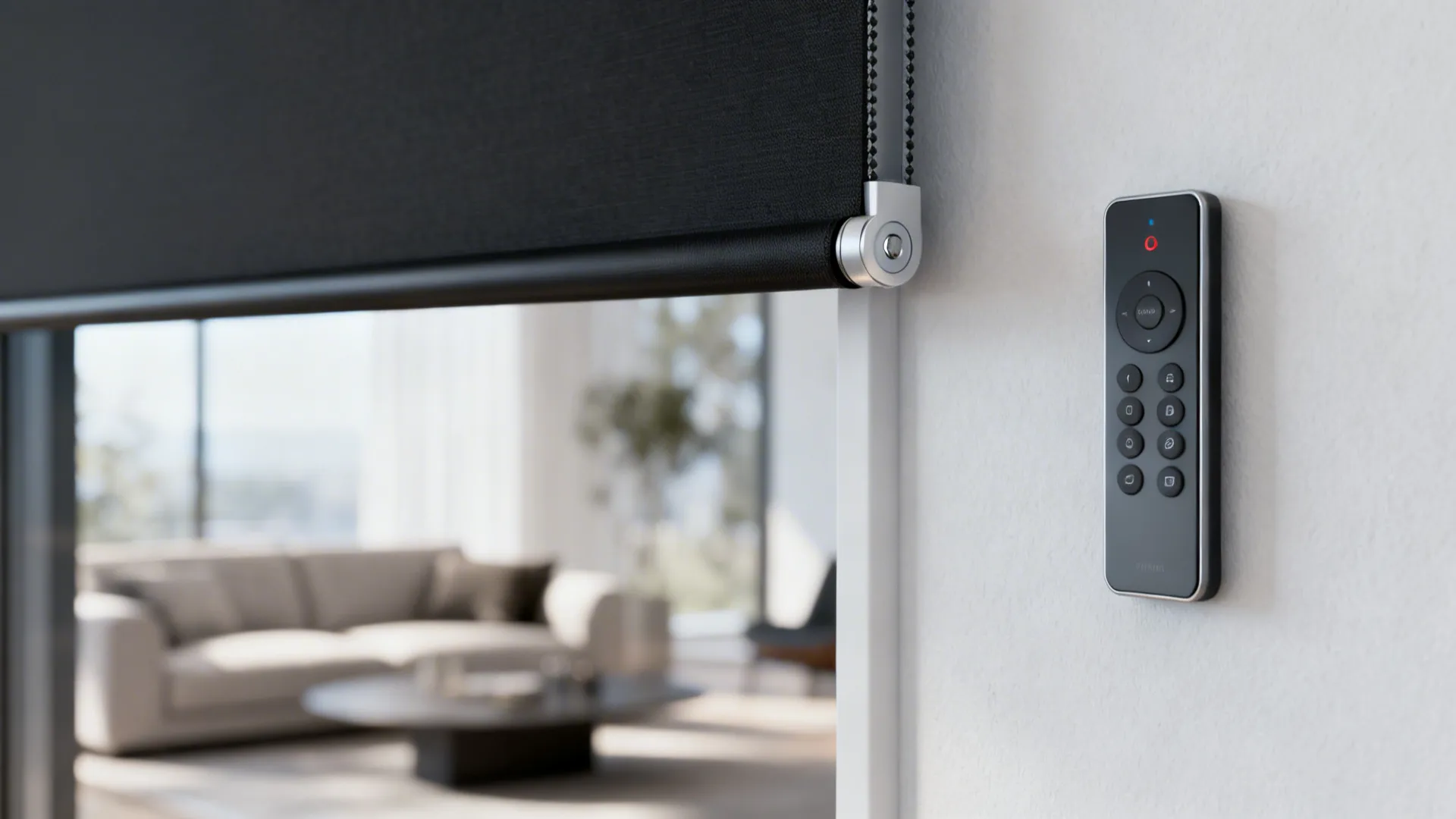 Close-up of a motorized blackout roller shade and remote control in a modern living room.