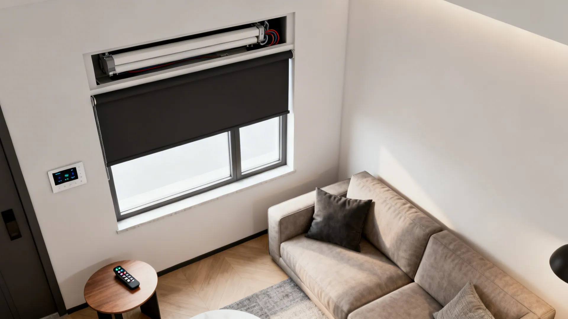 Compact living room showing a recessed motorized blackout shade cassette and remote on a side table.