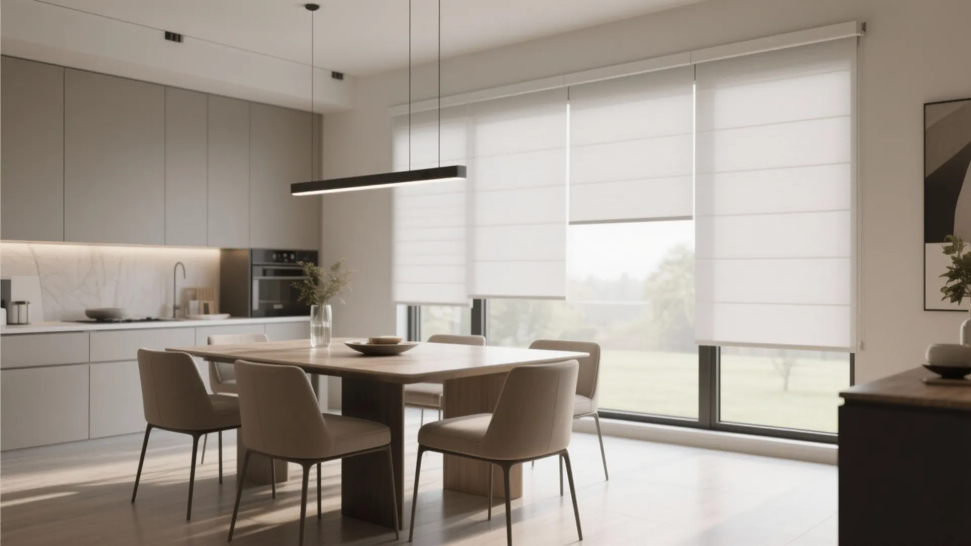 Dining room with sleek motorized roller shades