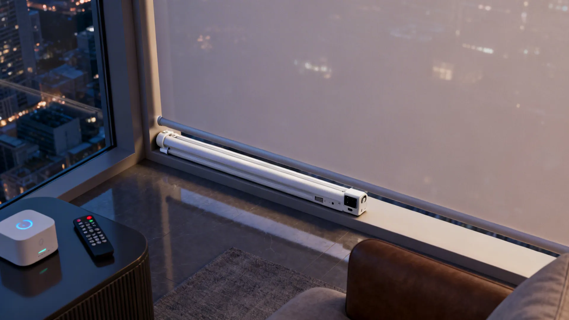 Motorized roller shade in a modern living room with remote control highlighting effortless operation.