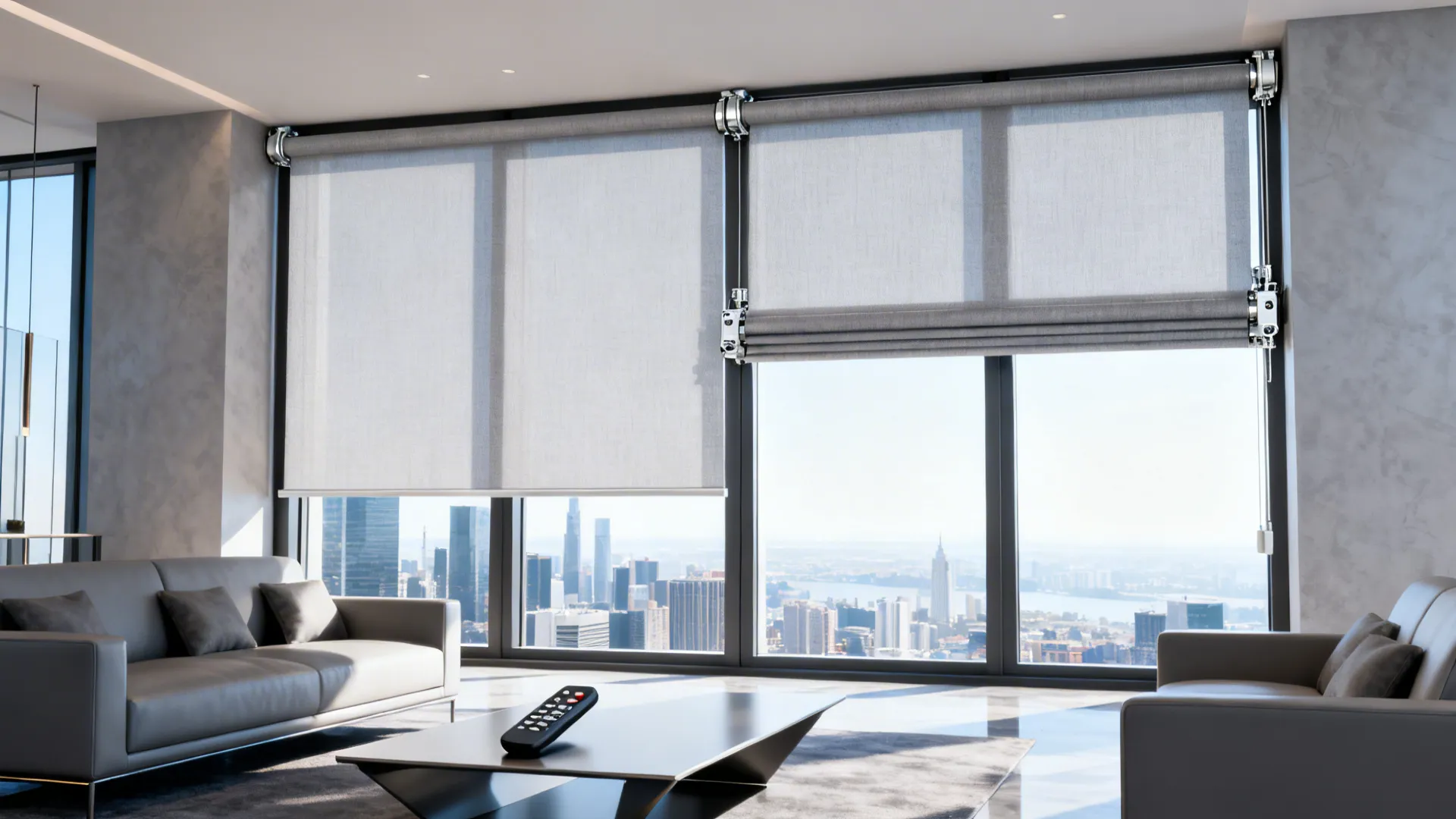 Tall penthouse windows with motorized roller shades and a modern living room interior.
