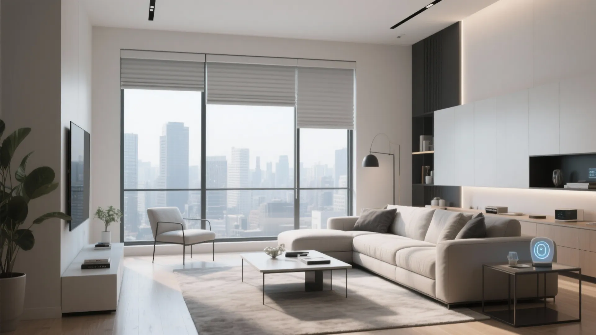 Modern living room with white sofa large window showing city view and grey window blinds