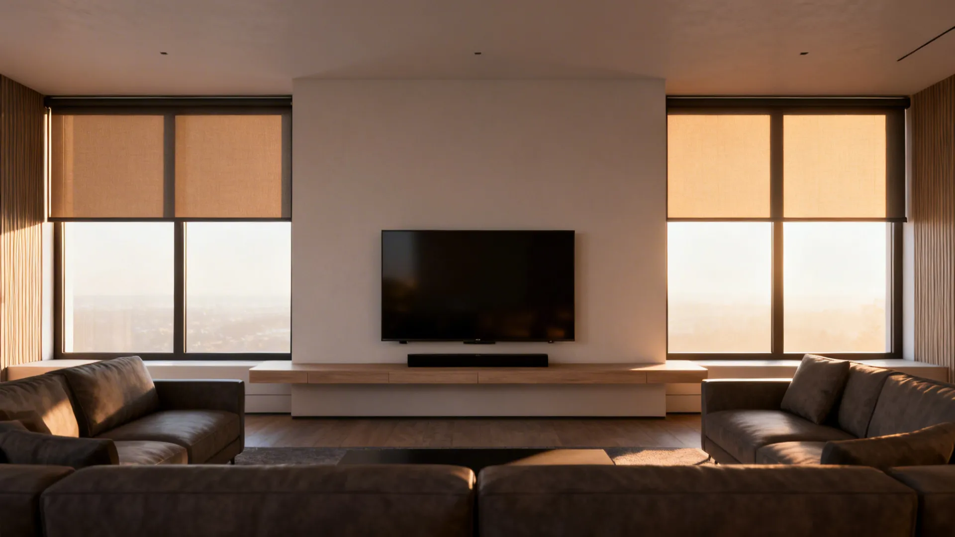 Main-wall TV with motorized blackout shades on large windows, symmetrical modern living room