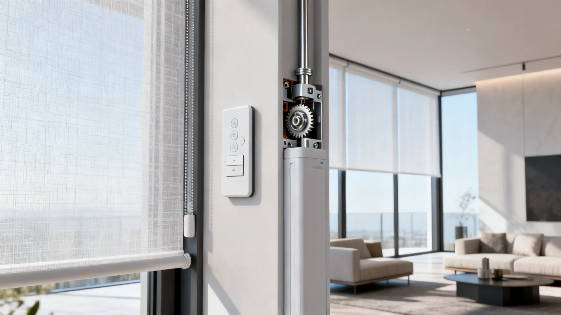 Living room with motorized sheer shades partly lowered showing remote control