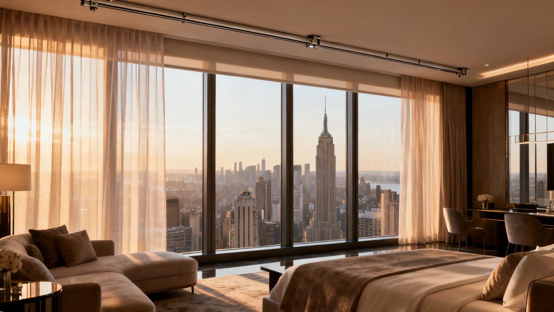 Penthouse with a long span of motorized semi-sheer curtains filtering city light
