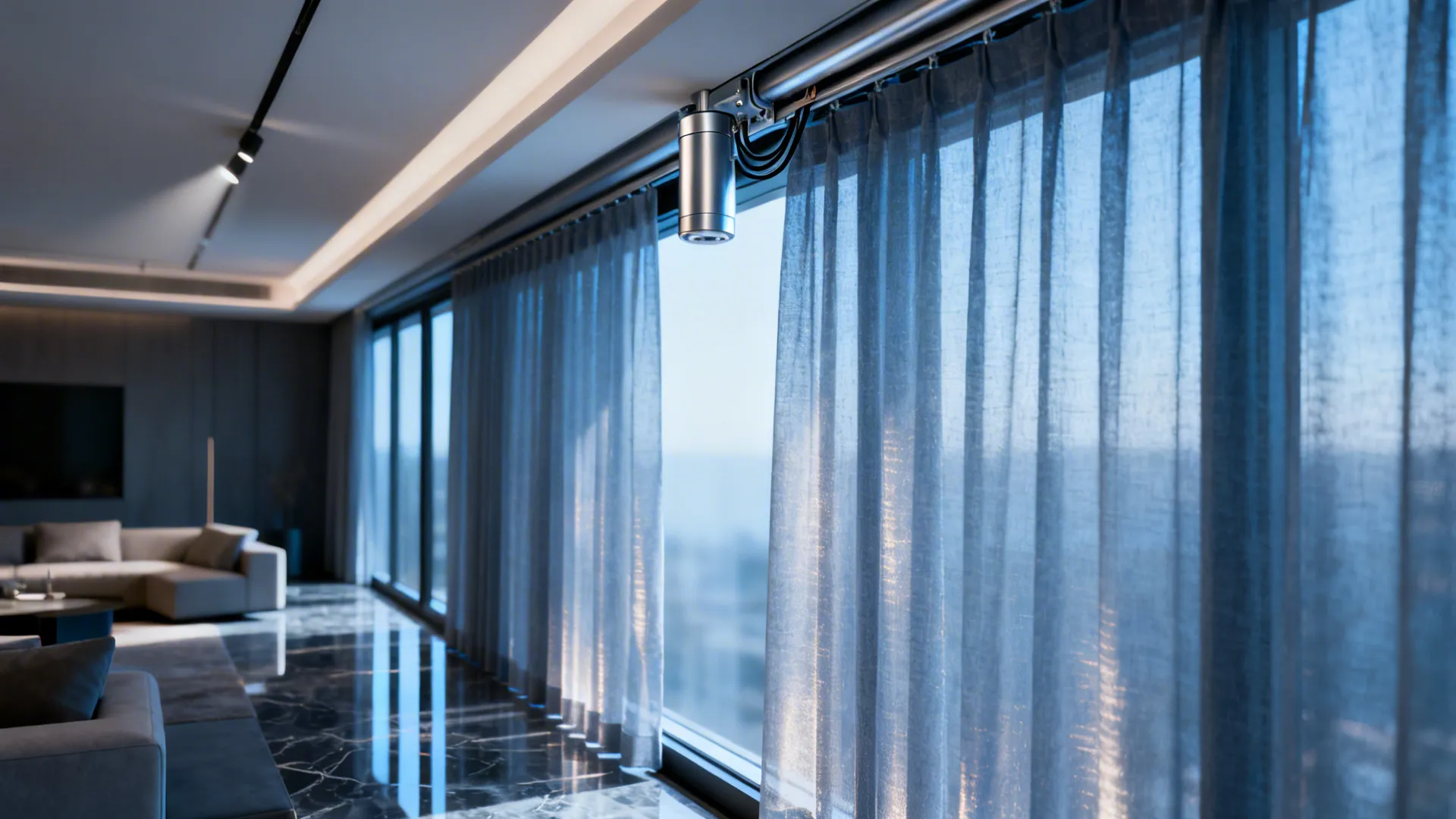Modern living room with motorized sheer curtains being operated via remote control app.