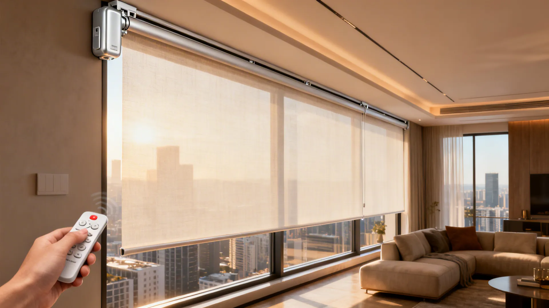 Motorized sheer panels gliding on a sleek track in a modern living room with remote control.
