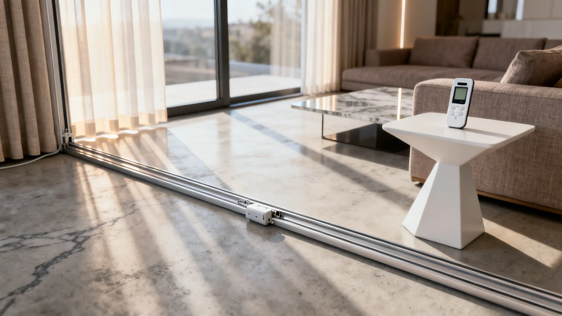 Modern living room showing motorized sheer curtains on a slim track with a remote control for effortless operation.