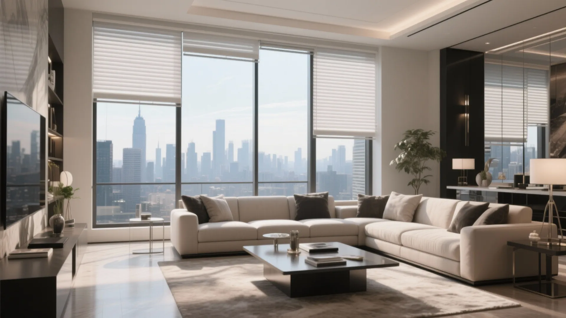 Penthouse living room with tall windows and motorized smart blinds