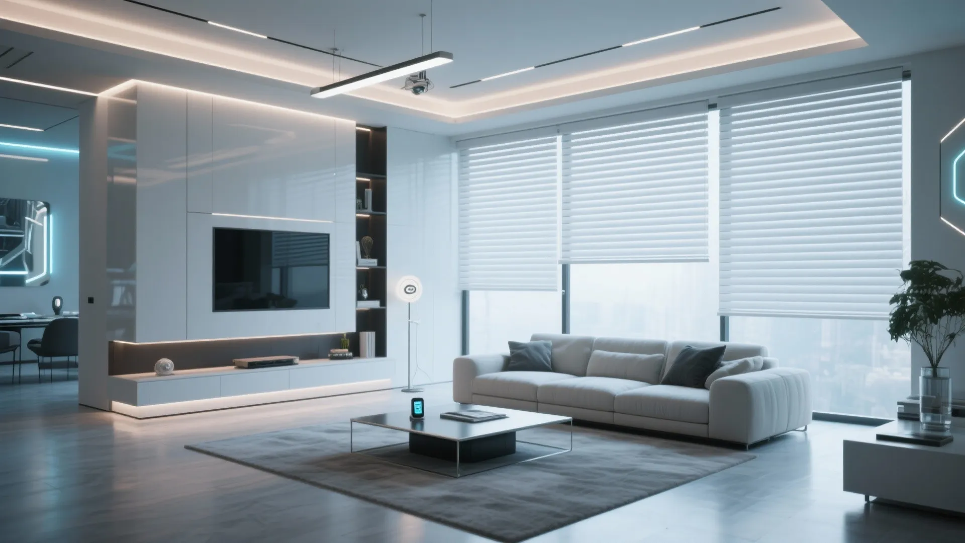 Smart living room with motorized blinds and remote control