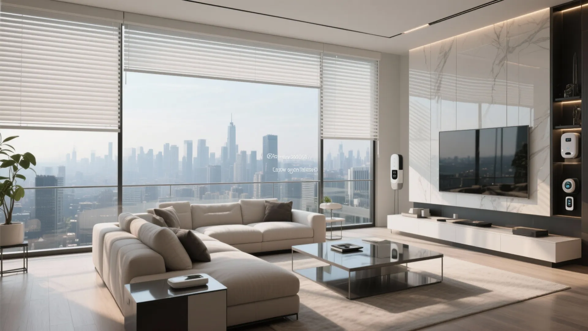 Modern penthouse with motorized blinds and city view