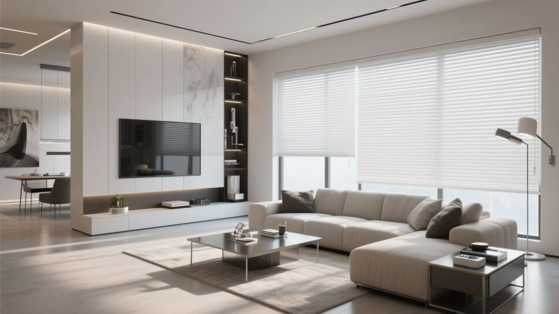 Modern living room with motorized smart blinds