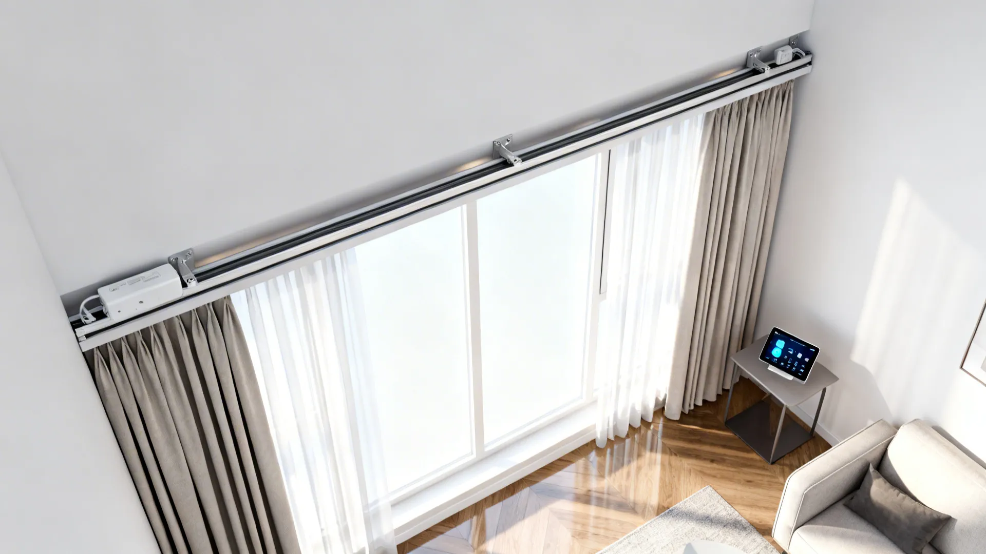 Panoramic window with motorized curtain track and smart-home controller visible on a side table.