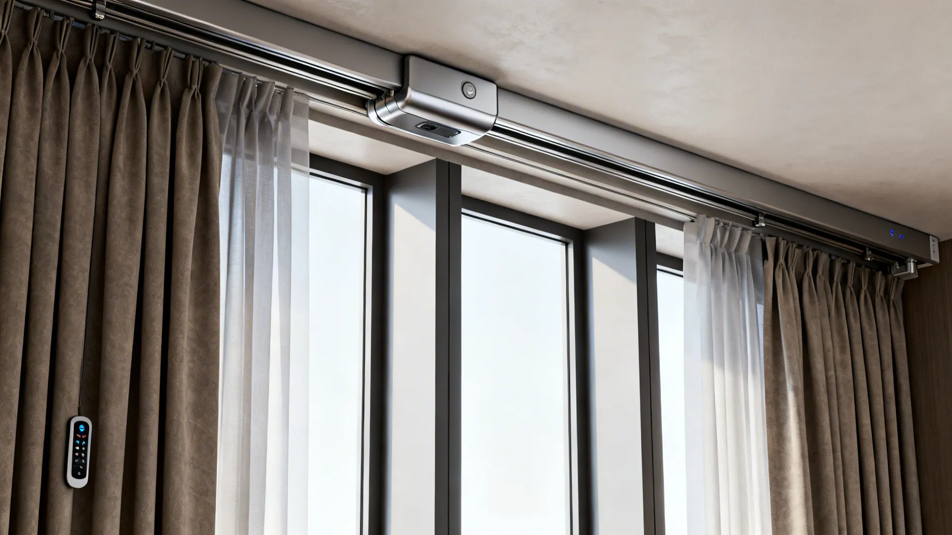 Motorized curtain track above tall windows with remote control and detailed hardware