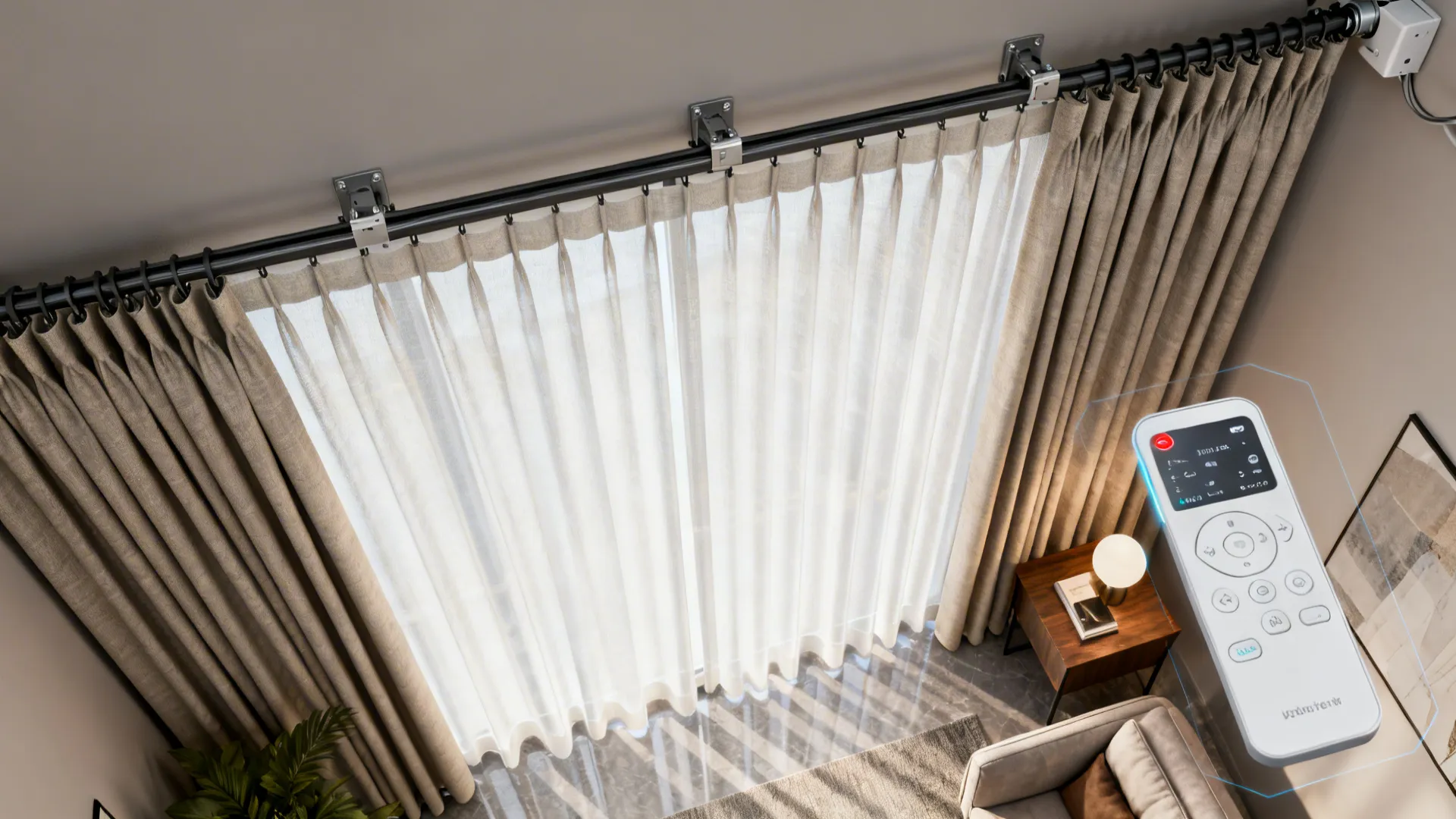 Top-down view of a motorized wide curtain track and smart control interface in a living room