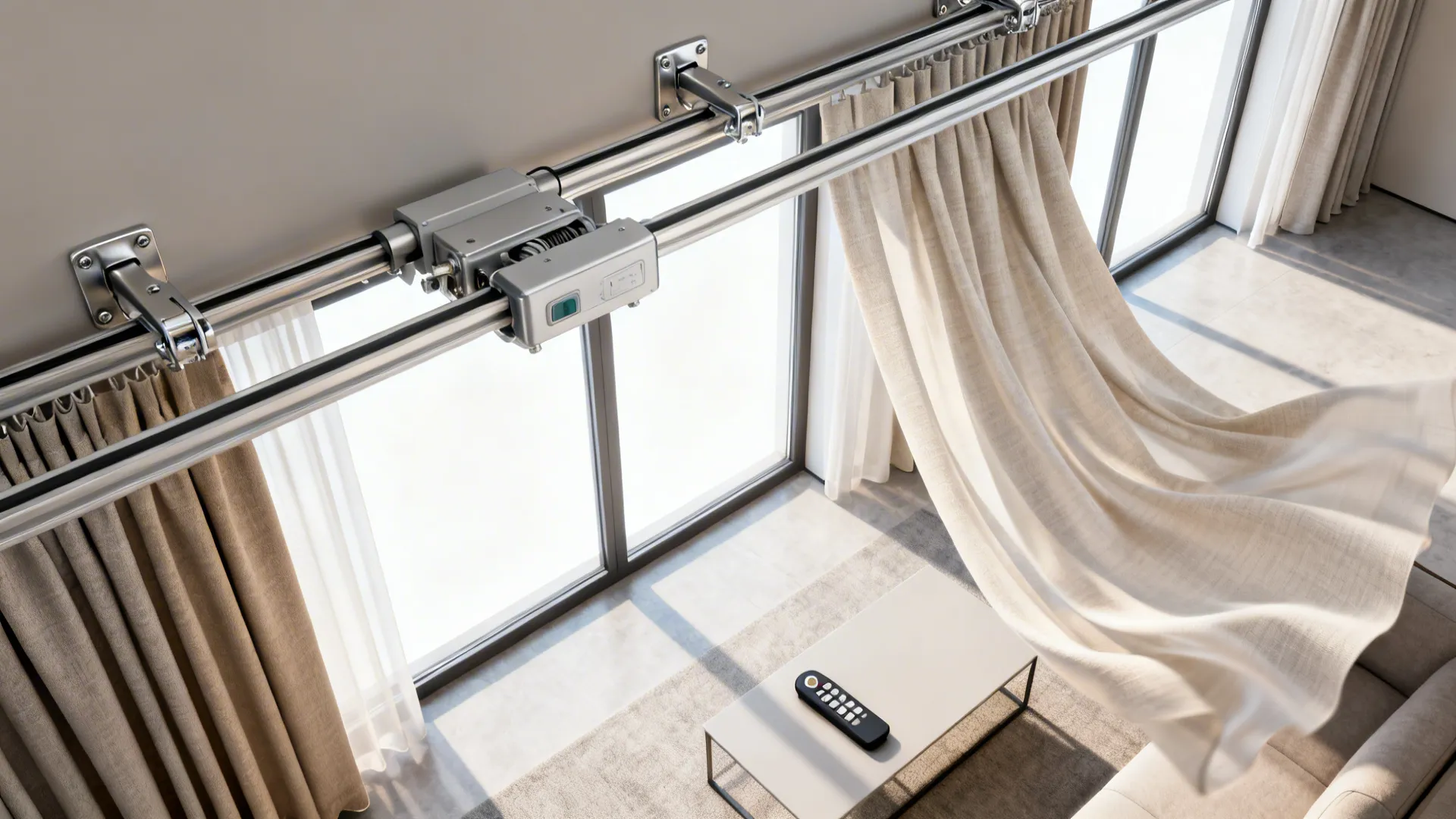 Top-down view of motorized curtain tracks and smart fabric panels in a modern duplex living room
