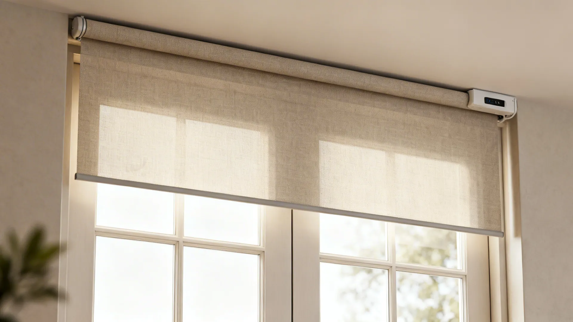 Slim valance hiding a motorized roller shade above French doors, modern and minimal.