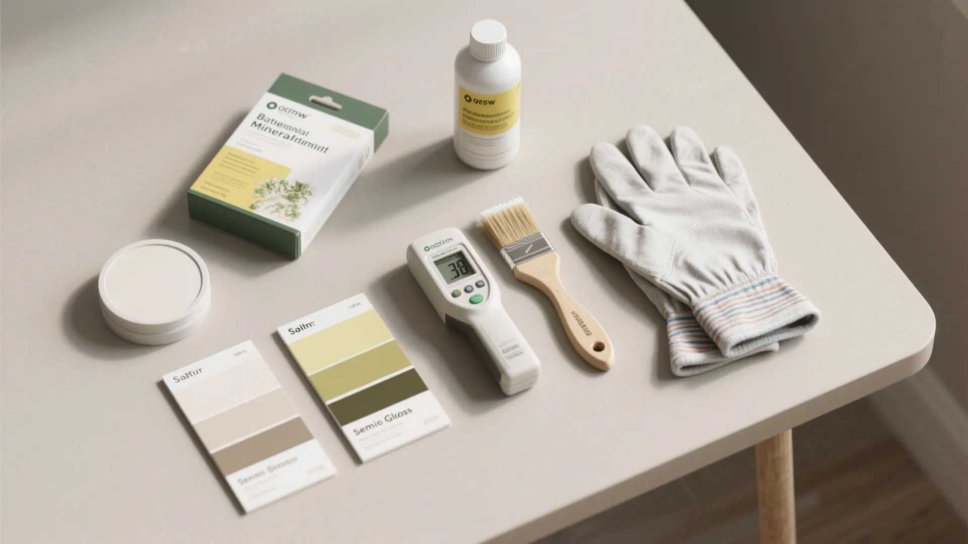 Table top with painting tools including color samples brush white gloves and digital thermometer device