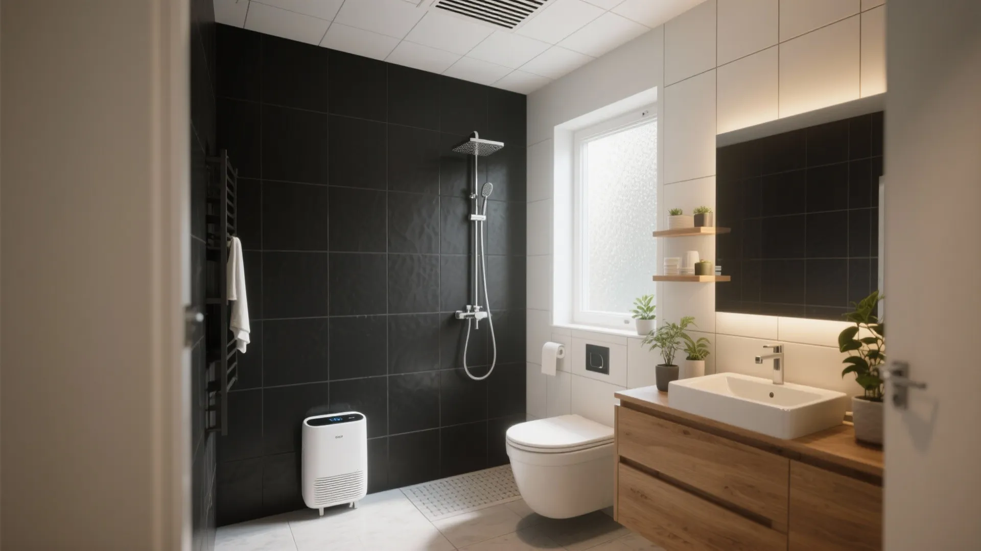 Modern bathroom with black wall tiles wooden cabinet white sink toilet and a small window