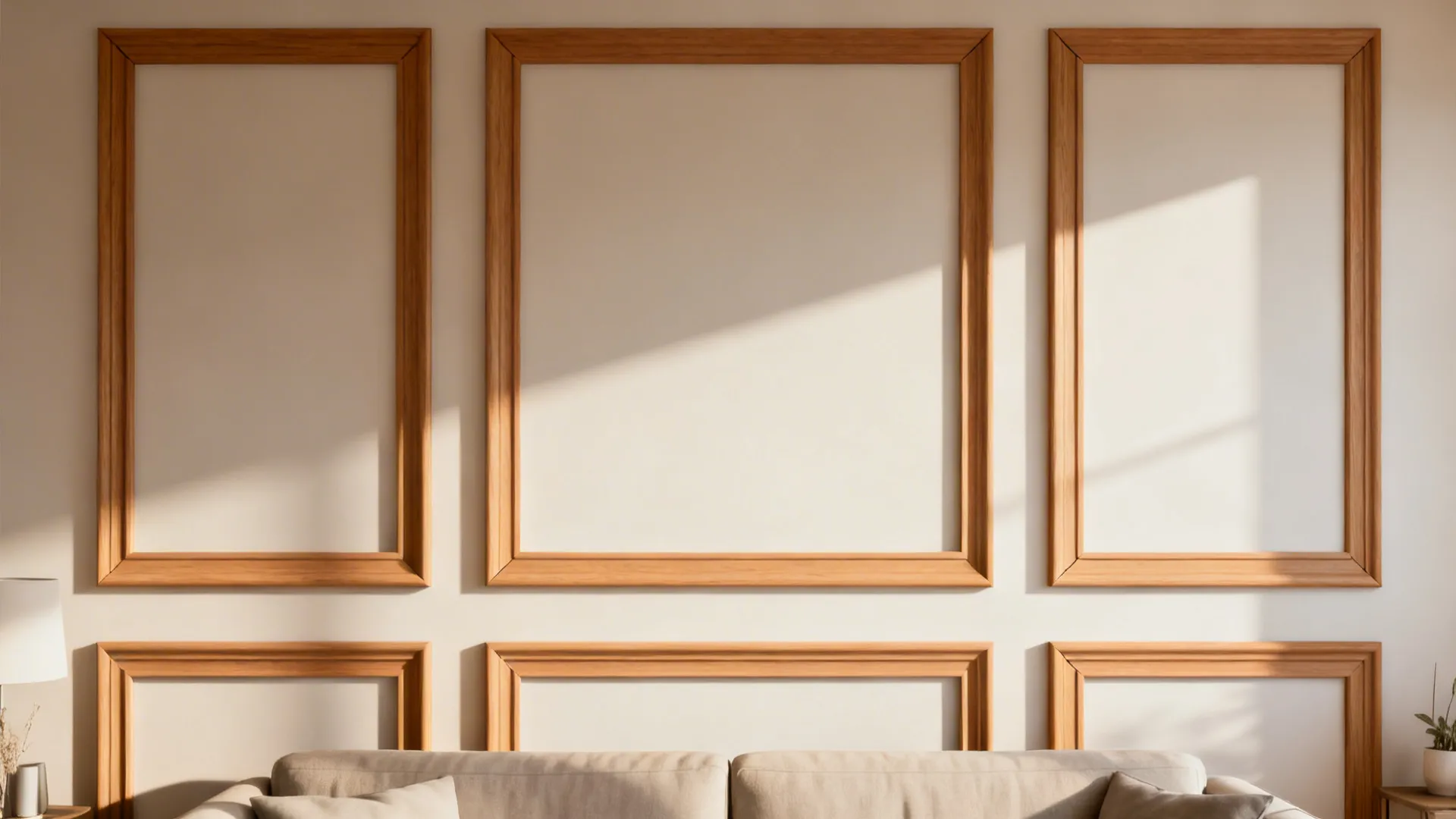 Wall with rectangular wooden moldings creating framed panels that add architectural interest to a living room.