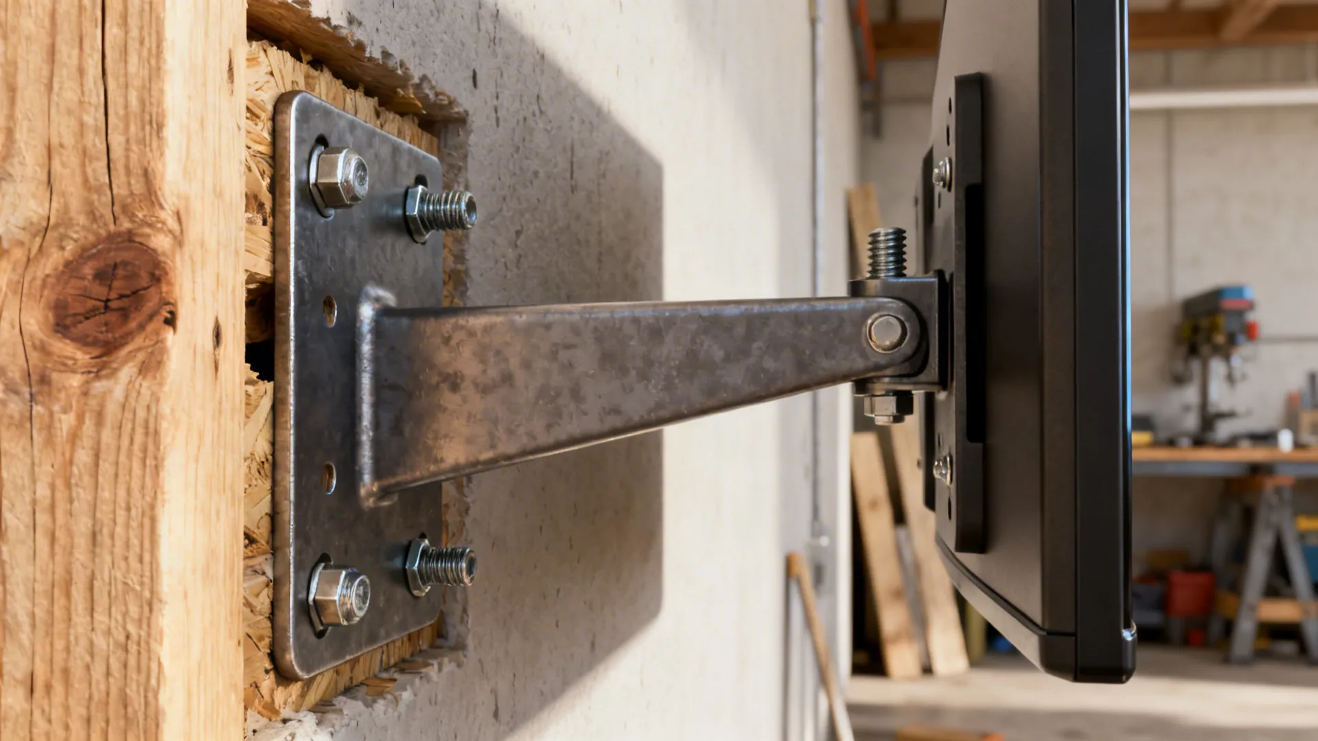 Close-up of a stud-mounted TV bracket and heavy-duty bolts showing secure installation.