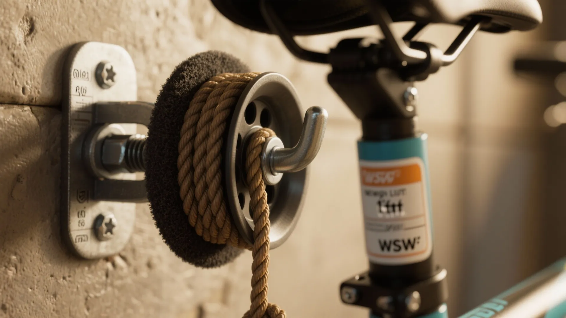 Close up of a wall mounted metal hook with thick brown rope holding a bicycle frame