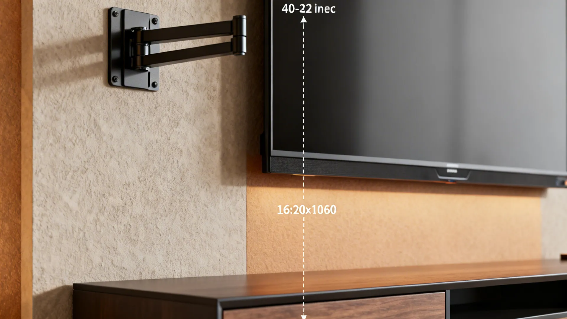 Detail of TV mount and recommended center height at 40–42 inches with a swivel bracket.