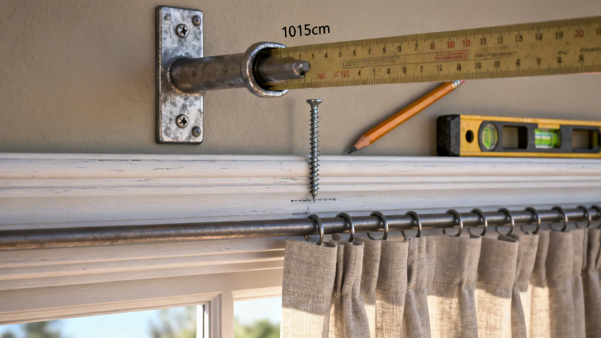 Close-up of a curtain rod bracket mounted above window trim with level and pencil marks