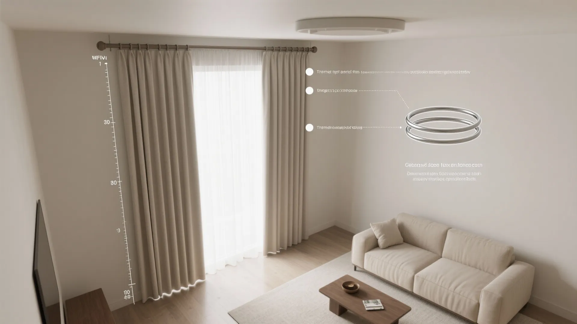 Top-down visual illustrating high rod placement and floor-kissing drape length in a living room.