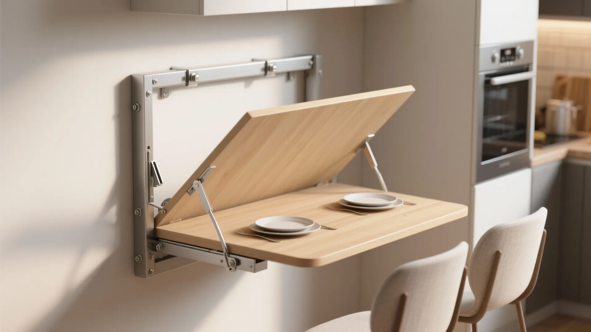 Wall-mounted drop-leaf table shown open and folded, with visible sturdy brackets and two place settings.