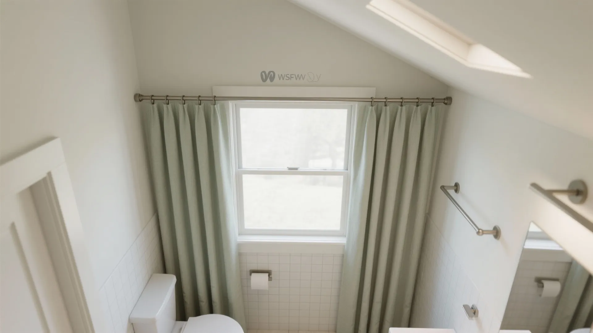 Top-down view showing a high, wide curtain rod or ceiling track extending beyond a small bathroom window to make it feel larger.