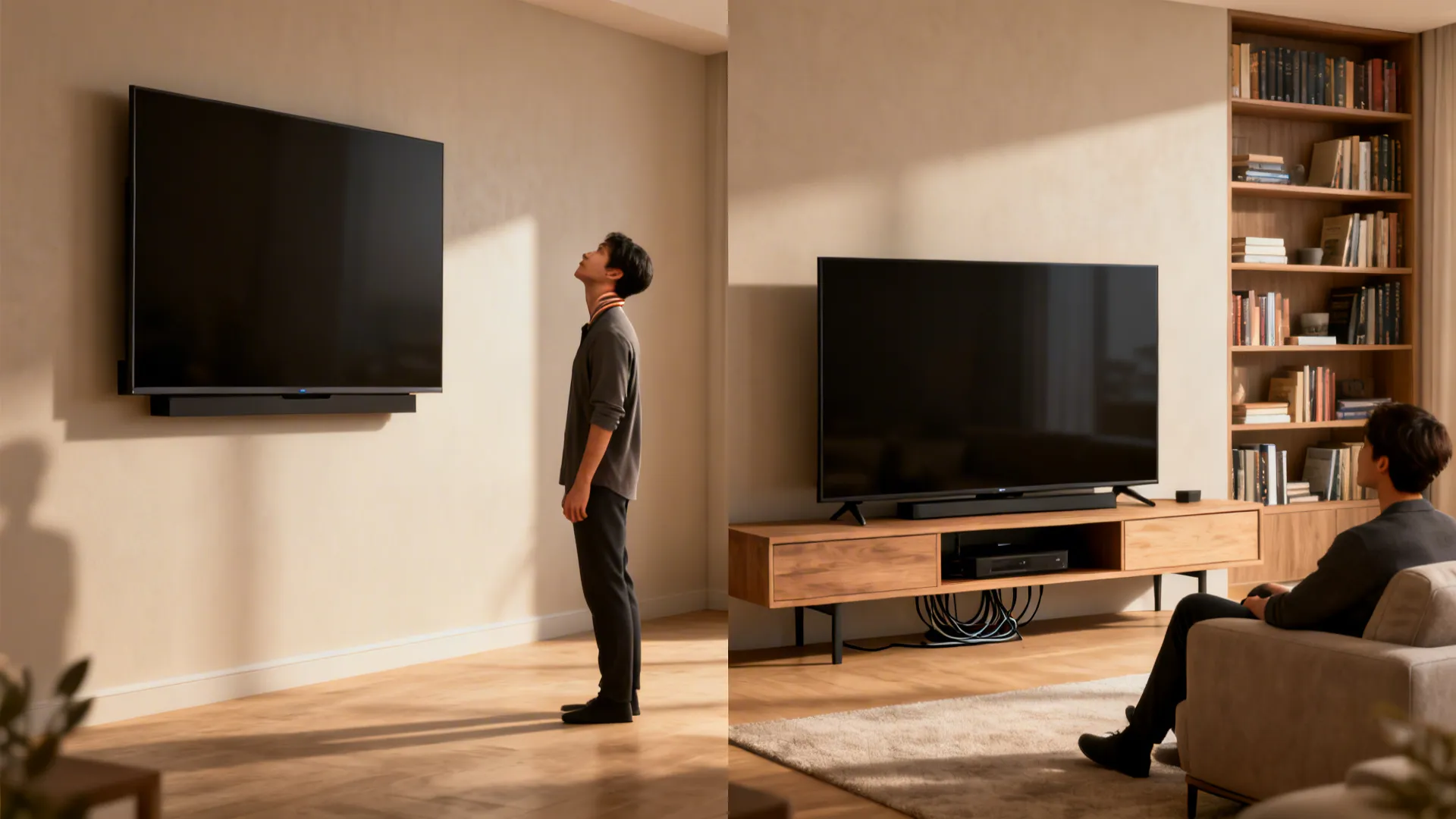 Before and after showing high-mounted TV versus low console placement at eye level