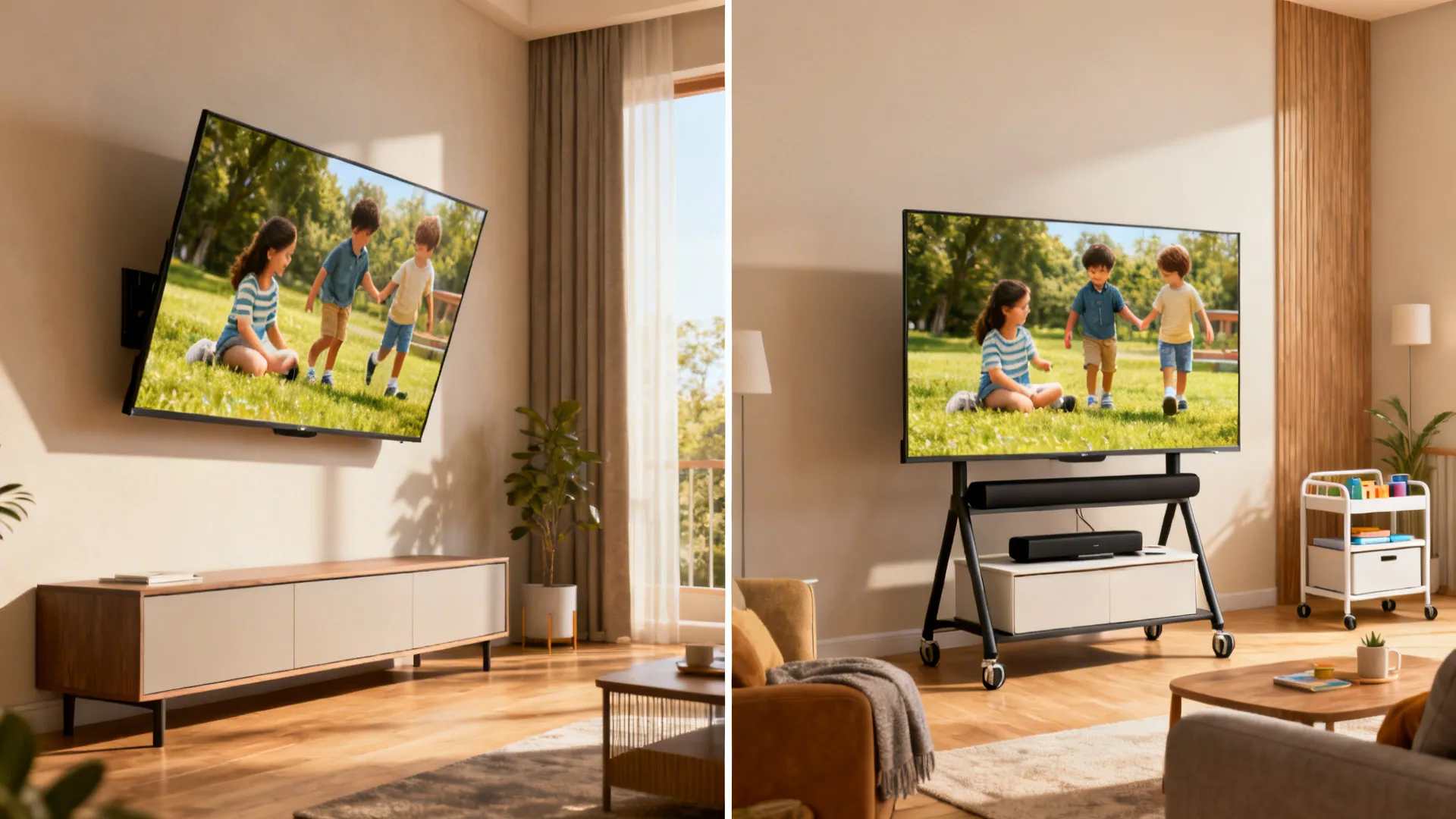 Comparison of wall-mounted versus stand-mounted 65-inch TV showing accessibility and floor space