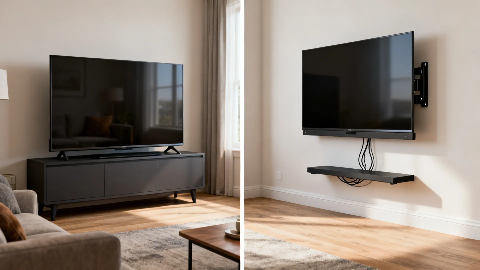 Before and after comparing a bulky stand versus a wall-mounted 43-inch TV in a small living room