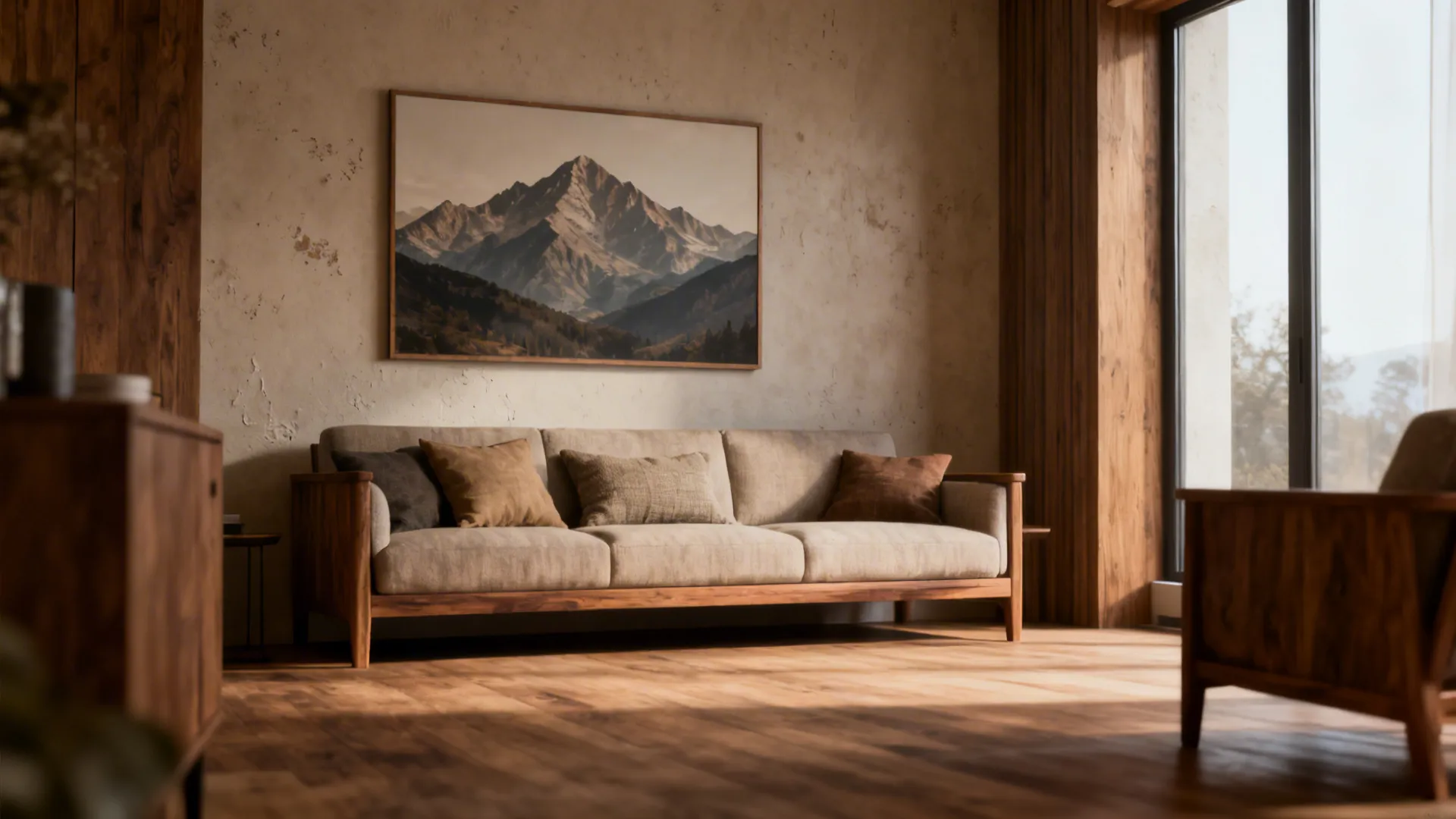 Living room with a subtle mountain landscape print behind the sofa creating a grounded feel.