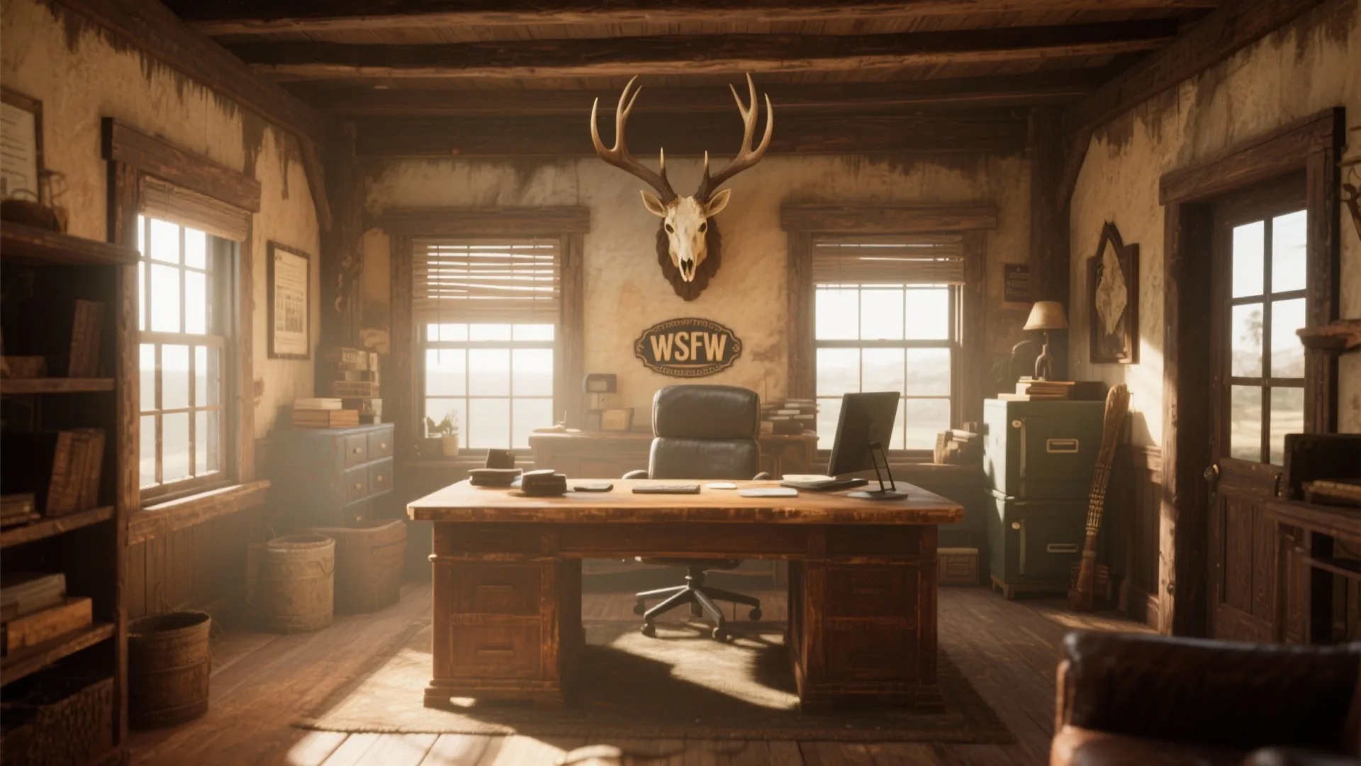Western style home office with wooden desk leather chair and animal skull mounted on wall