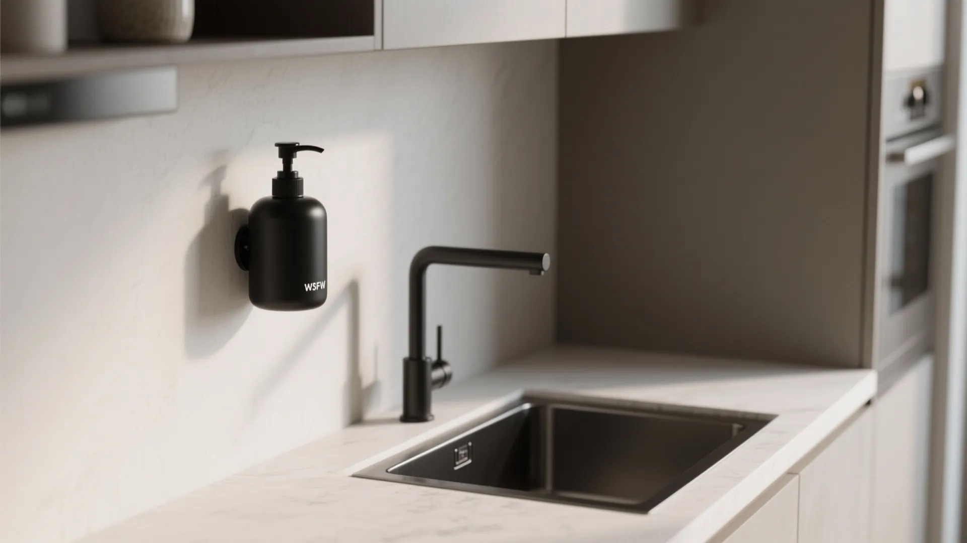 Matte black wall-mounted soap dispenser installed above a compact prep sink in a minimalist kitchen.