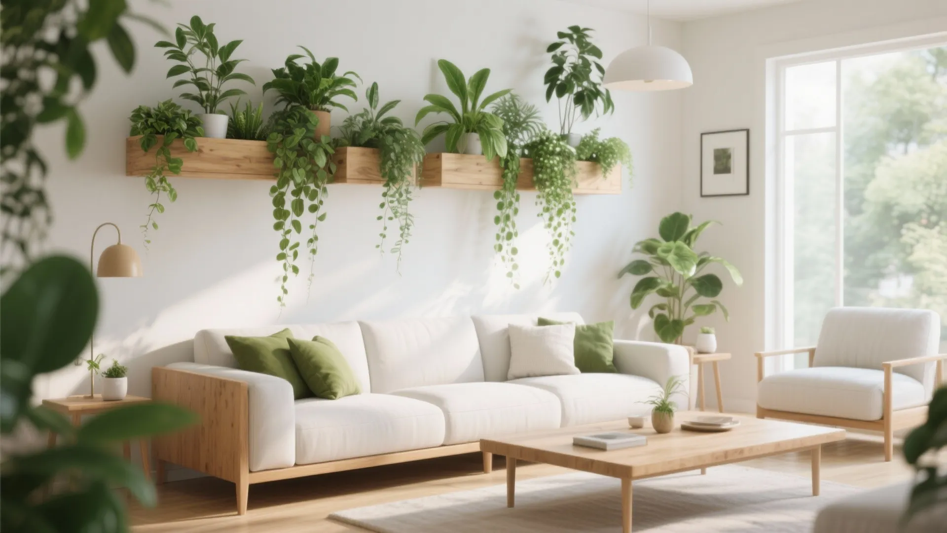 Bright living room with white sofa wooden coffee table and indoor plants on wall shelves