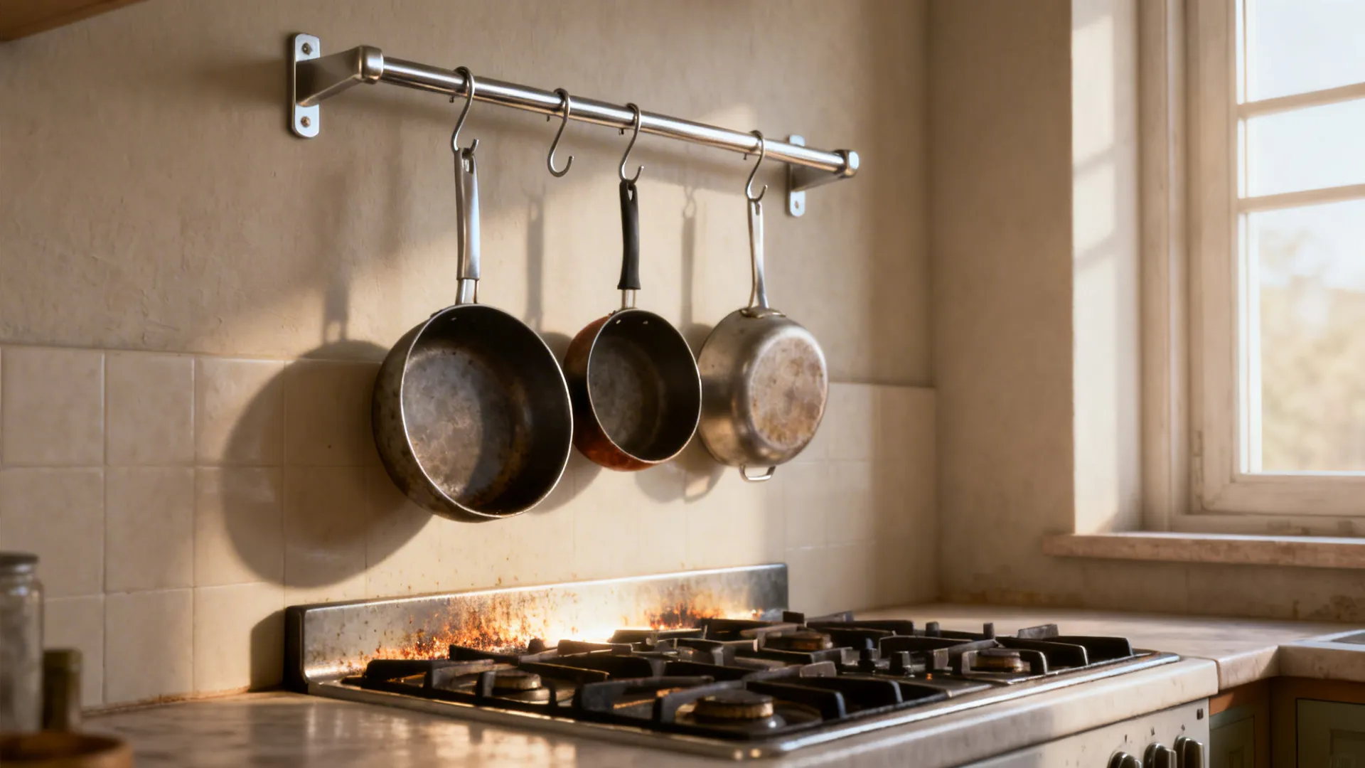 Stainless pot rail with hanging pans installed above a kitchen range.