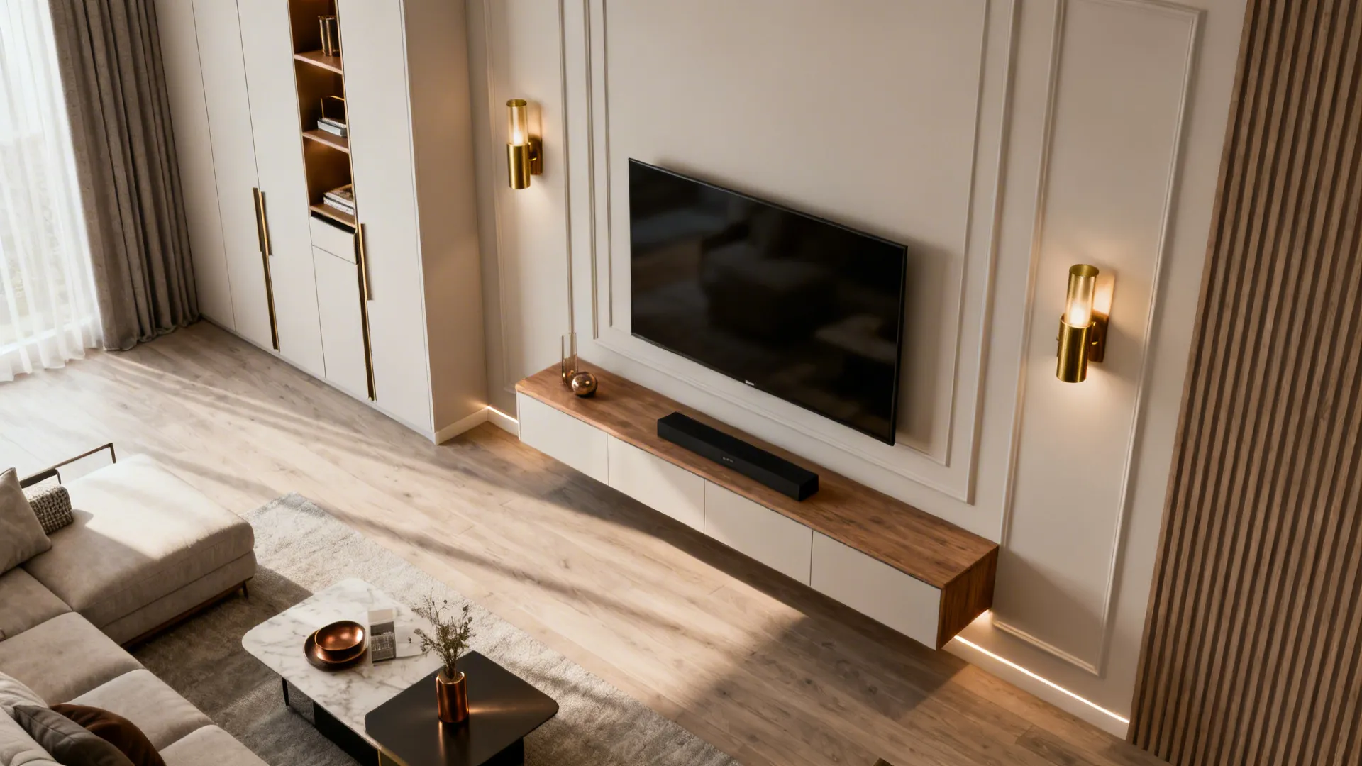 Wall mounted television above wooden cabinet with two gold wall lights and light wood floor