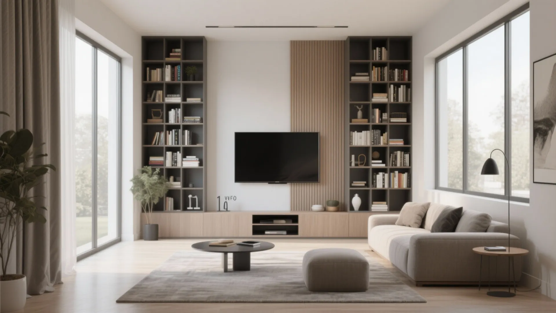 Living room with wall mounted TV between tall bookshelves wood wall panel grey sofa and rug