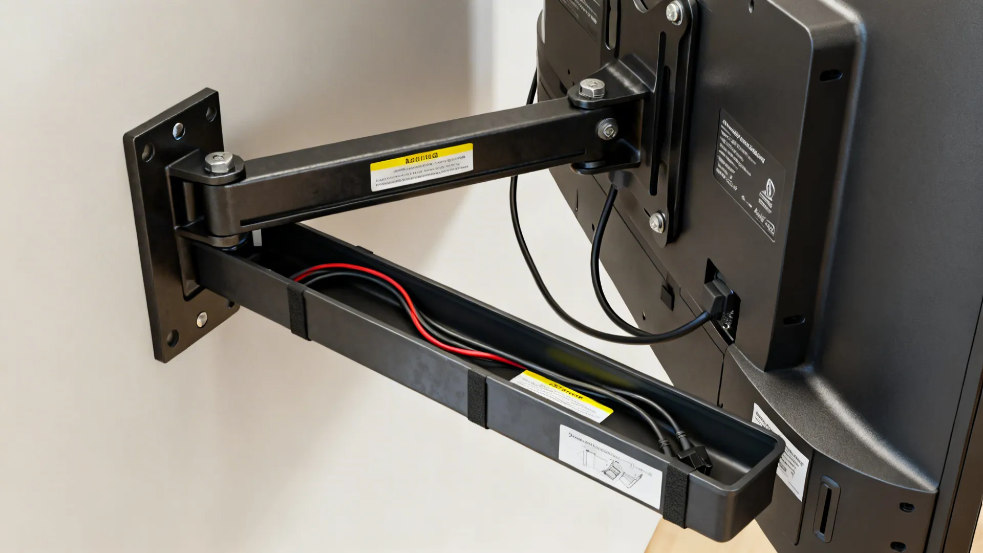 Mounting hardware and cable management solutions laid out for safe TV installation.