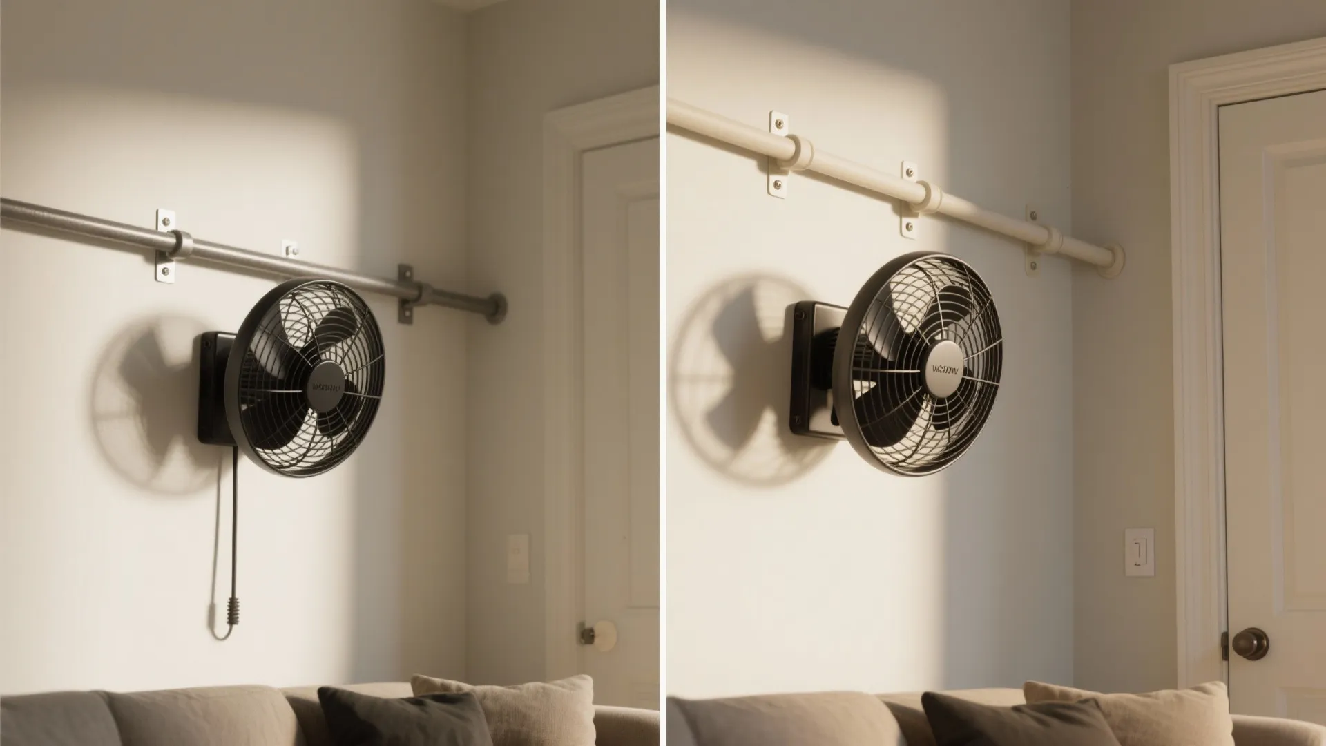 Side by side comparison showing a black wall fan mounted with and without a cord