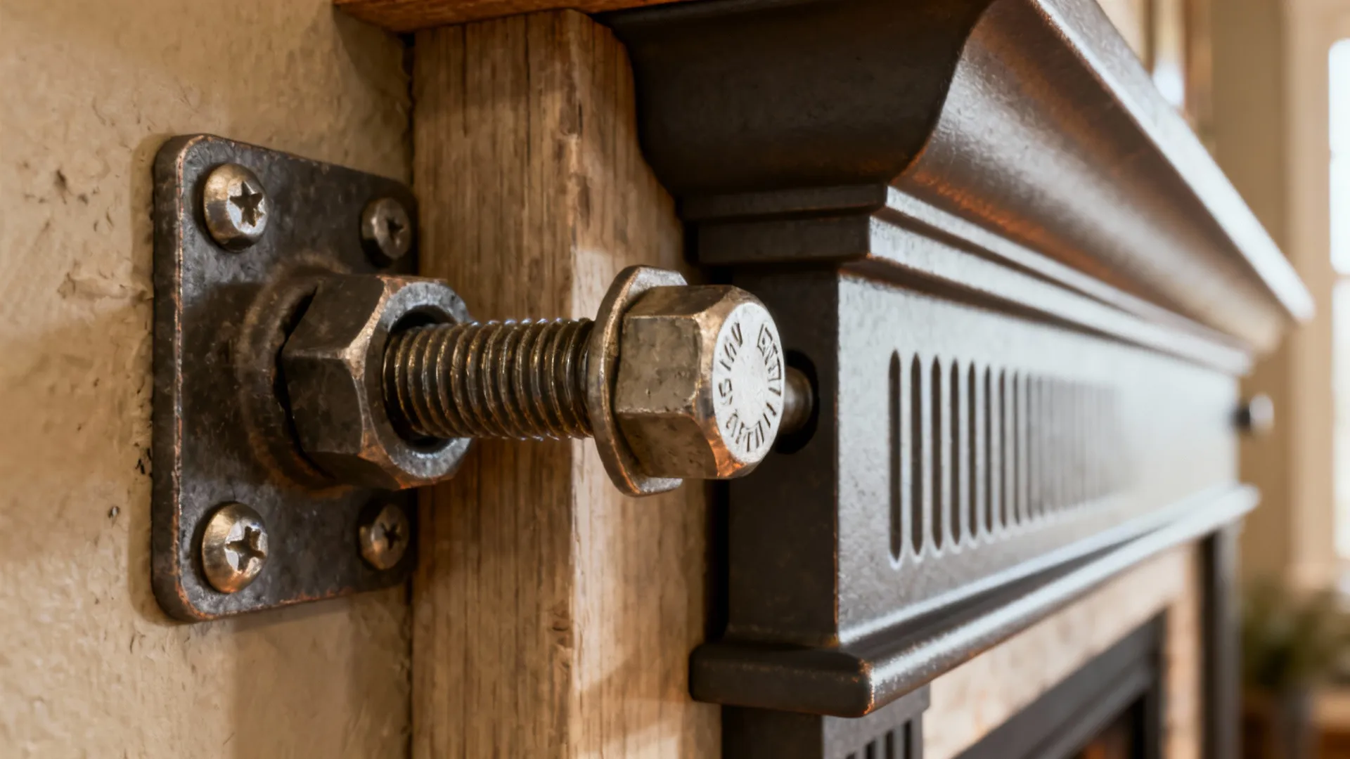 Close-up of heavy-duty TV mount anchored into stud and mantel heat deflector detail.