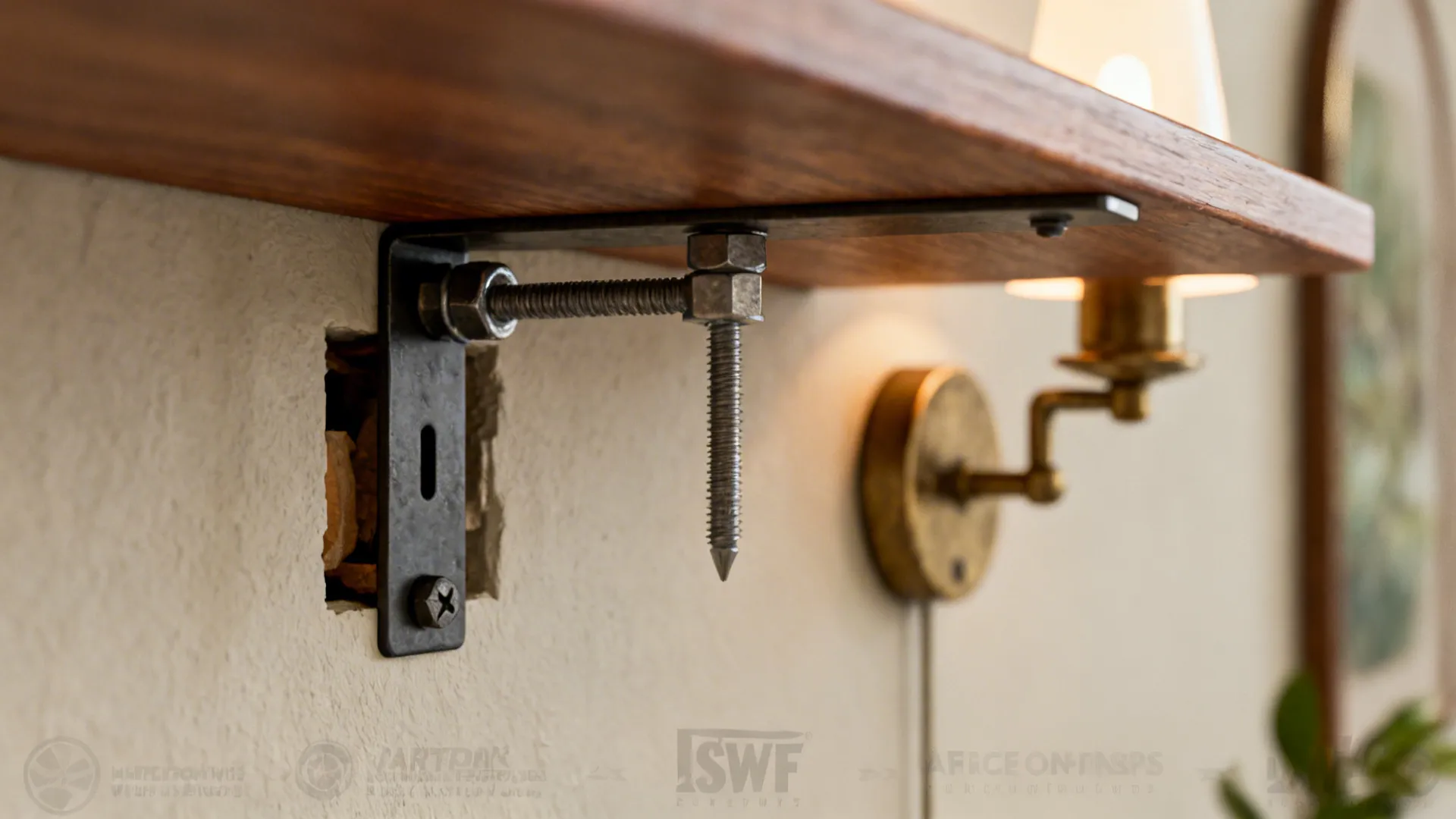 Close-up of stud-mounted floating shelf and sconce hardware for secure installation