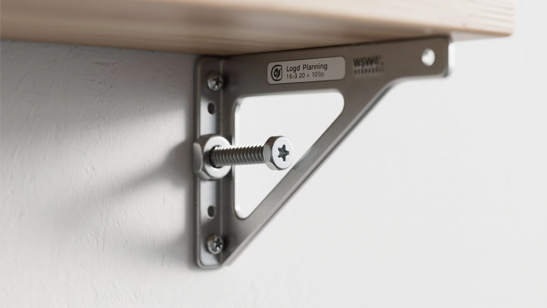 Close-up of floating shelf bracket hardware and anchors for safe installation in a white kitchen.